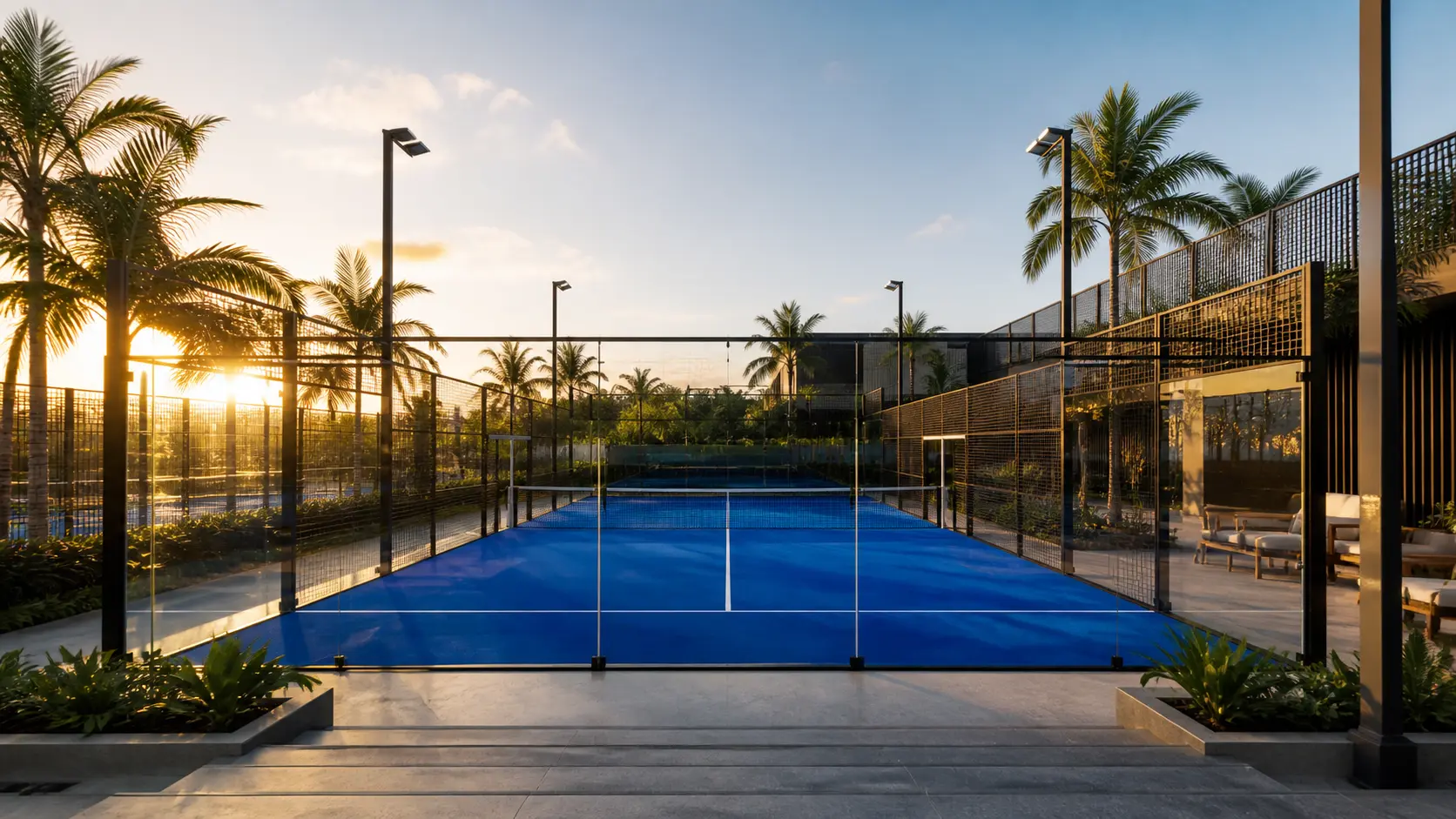 Cancha de padel exterior con palmeras al atardecer